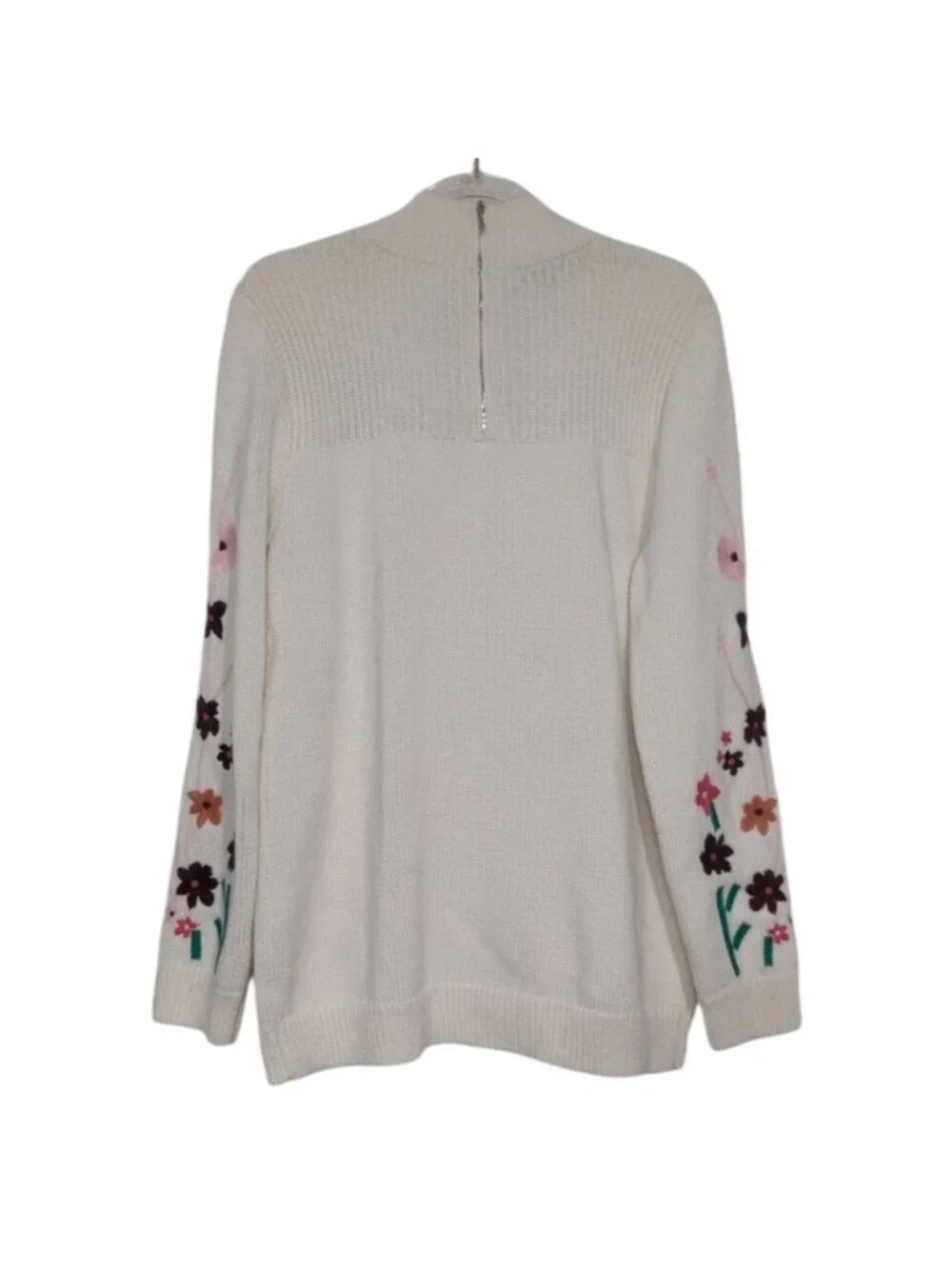 Talbots Embroidered Floral Sweater Womens Size Large Cream Knit Mock Neck